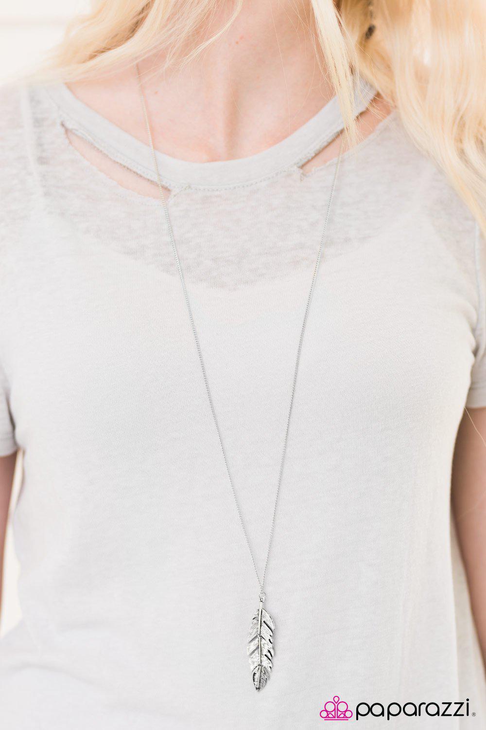 Courage to Soar Silver Feather Necklace and matching Earrings - Paparazzi Accessories- on model - CarasShop.com - Paparazzi Jewelry by Cara Jewels