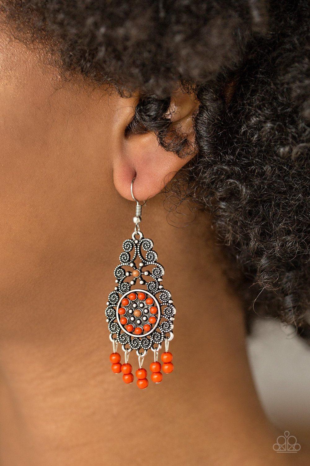 Courageously Congo Orange Earrings - Paparazzi Accessories- on model - CarasShop.com - Paparazzi Jewelry by Cara Jewels