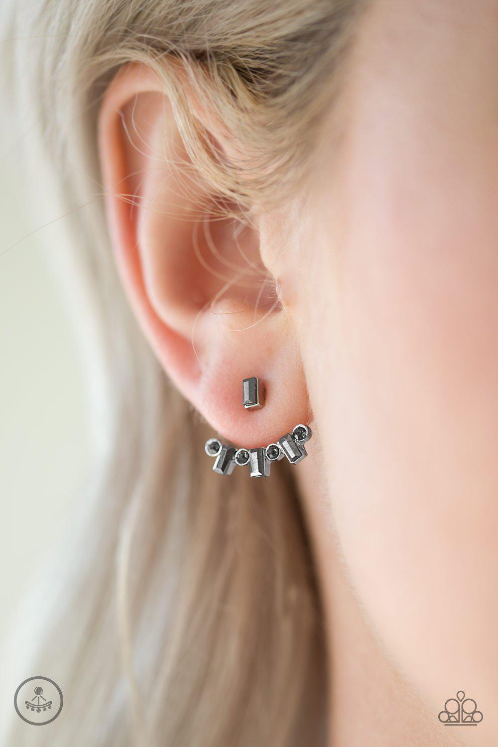Courageously Cosmo Silver Double-sided Post Earrings - Paparazzi Accessories- on model - CarasShop.com - Paparazzi Jewelry by Cara Jewels