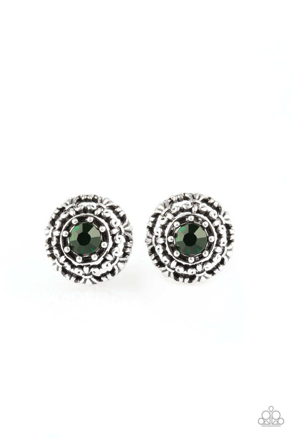 Courtly Courtliness Green Rhinestone and Silver Fleur de lis Post Earrings - Paparazzi Accessories- lightbox - CarasShop.com - Paparazzi Jewelry by Cara Jewels