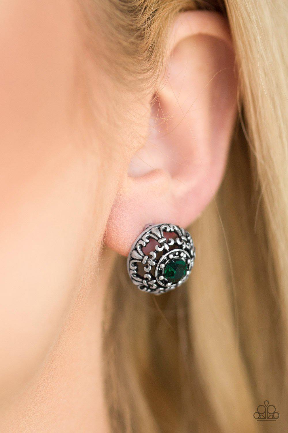 Courtly Courtliness Green Rhinestone and Silver Fleur de lis Post Earrings - Paparazzi Accessories- on model - CarasShop.com - Paparazzi Jewelry by Cara Jewels