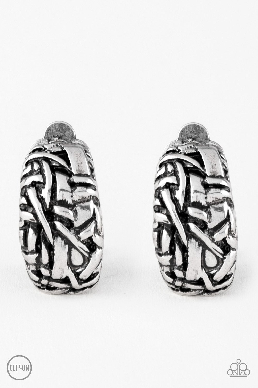 Couture Collision Silver Clip-On Earrings - Paparazzi Accessories- lightbox - CarasShop.com - Paparazzi Jewelry by Cara Jewels