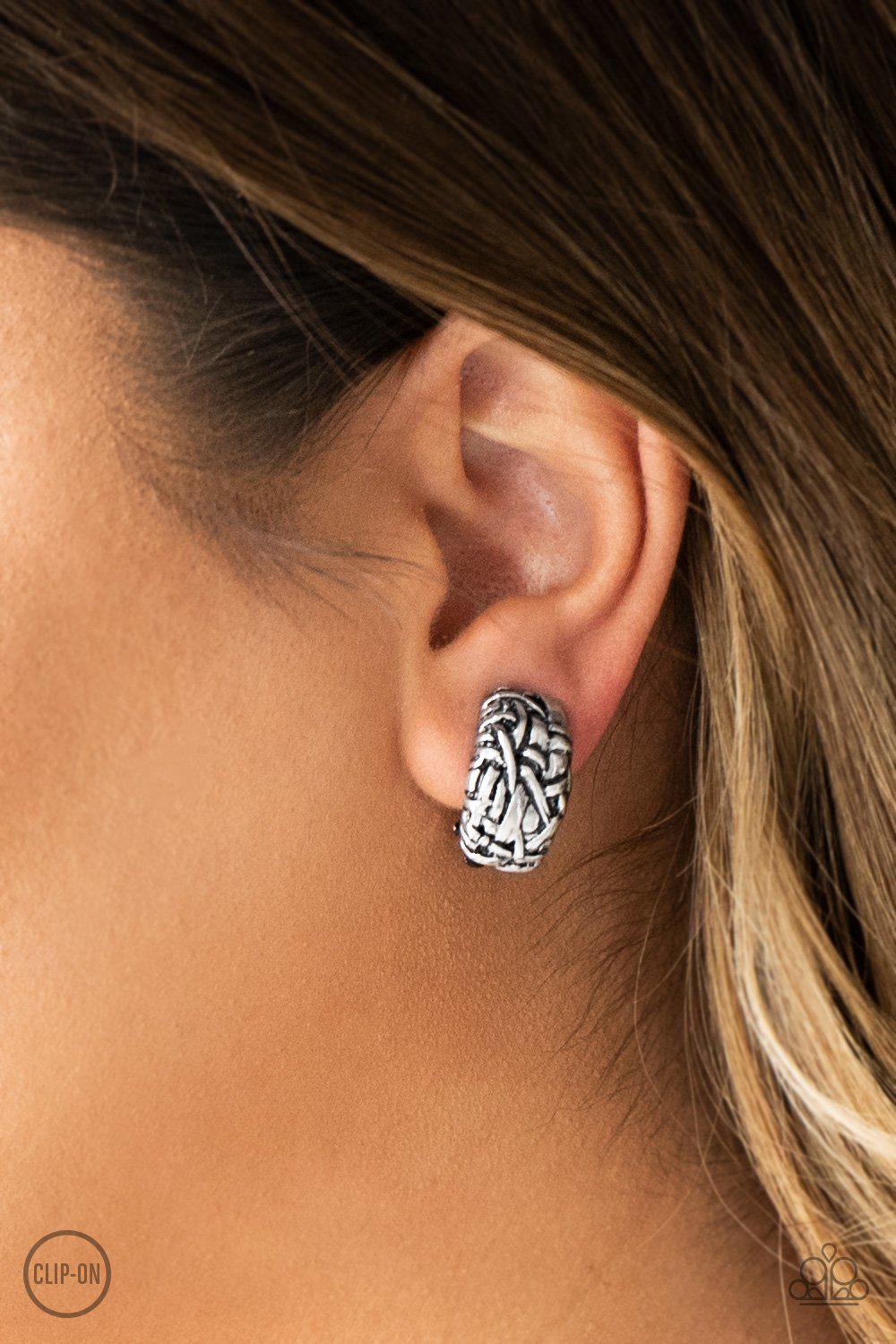 Couture Collision Silver Clip-On Earrings - Paparazzi Accessories- on model - CarasShop.com - Paparazzi Jewelry by Cara Jewels
