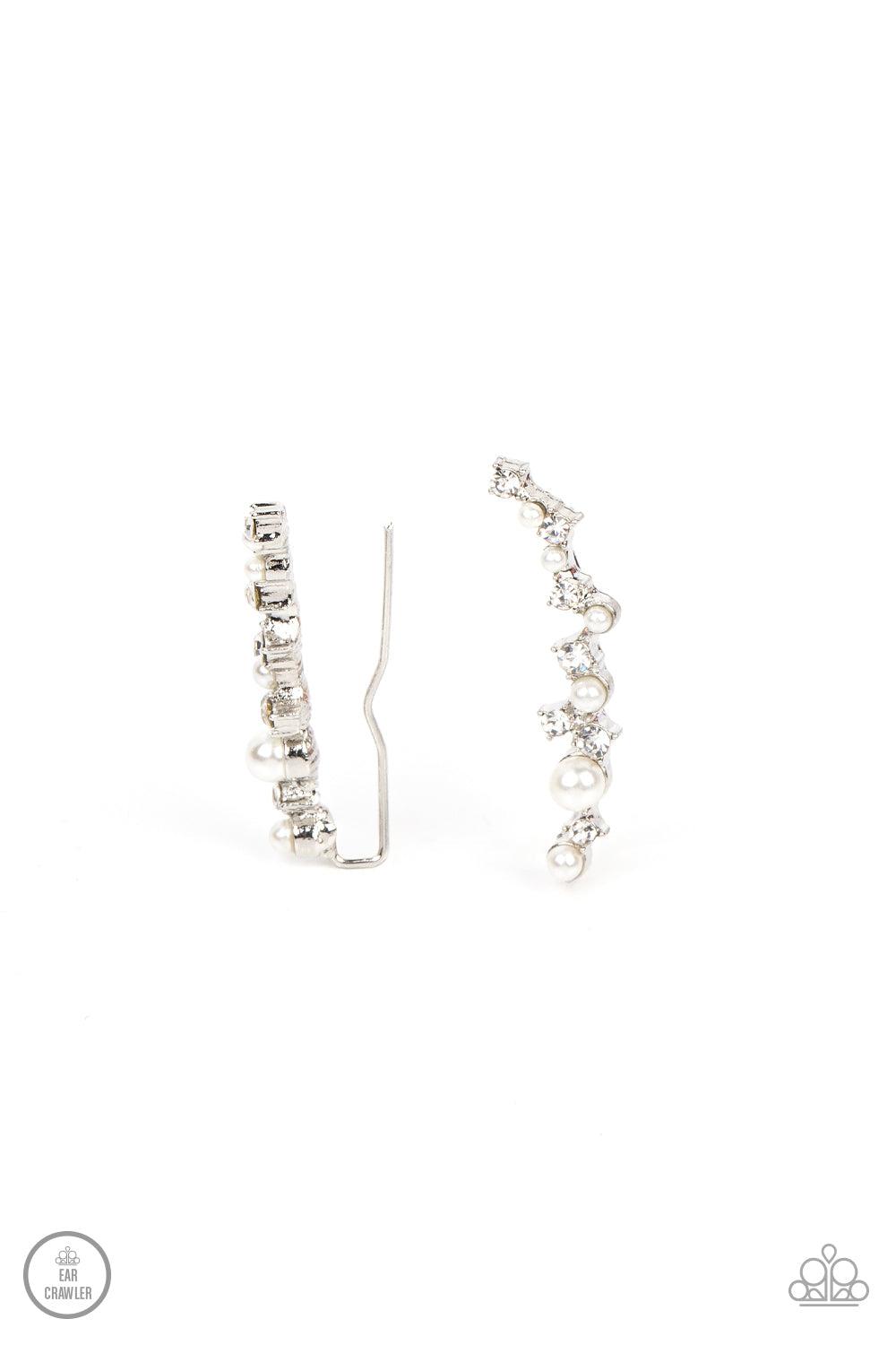 Couture Crawl White Pearl and Rhinestone Ear Crawler Earrings - Paparazzi Accessories- lightbox - CarasShop.com - Paparazzi Jewelry by Cara Jewels