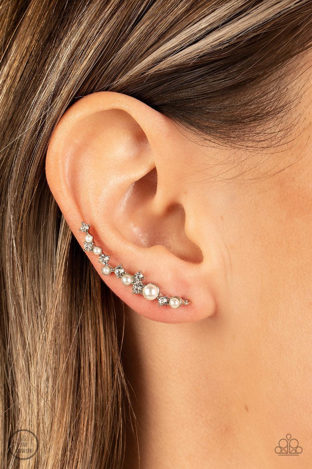 Couture Crawl White Pearl and Rhinestone Ear Crawler Earrings - Paparazzi Accessories- on model - CarasShop.com - Paparazzi Jewelry by Cara Jewels