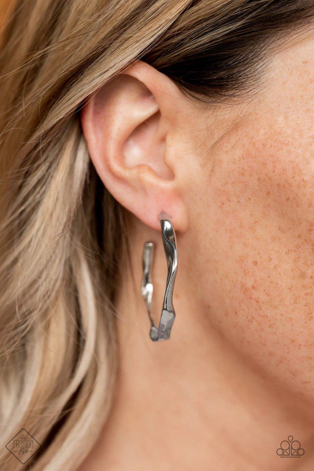 Coveted Curves Silver Hoop Earrings - Paparazzi Accessories- on model - CarasShop.com - Paparazzi Jewelry by Cara Jewels