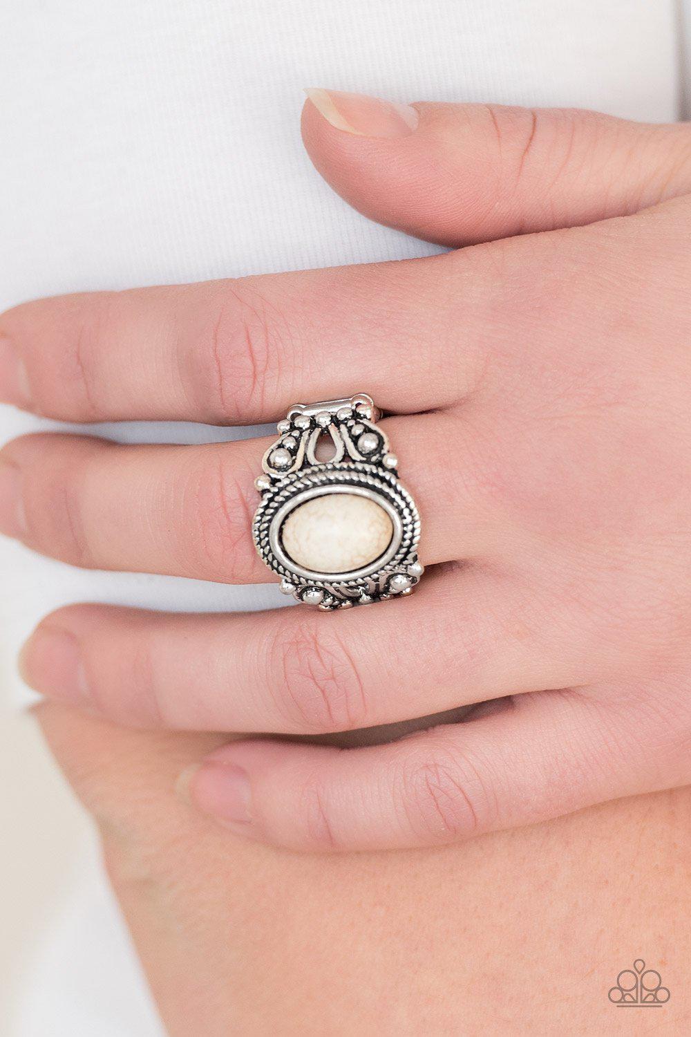 Coyote Canyon White Stone Ring - Paparazzi Accessories- on model - CarasShop.com - Paparazzi Jewelry by Cara Jewels