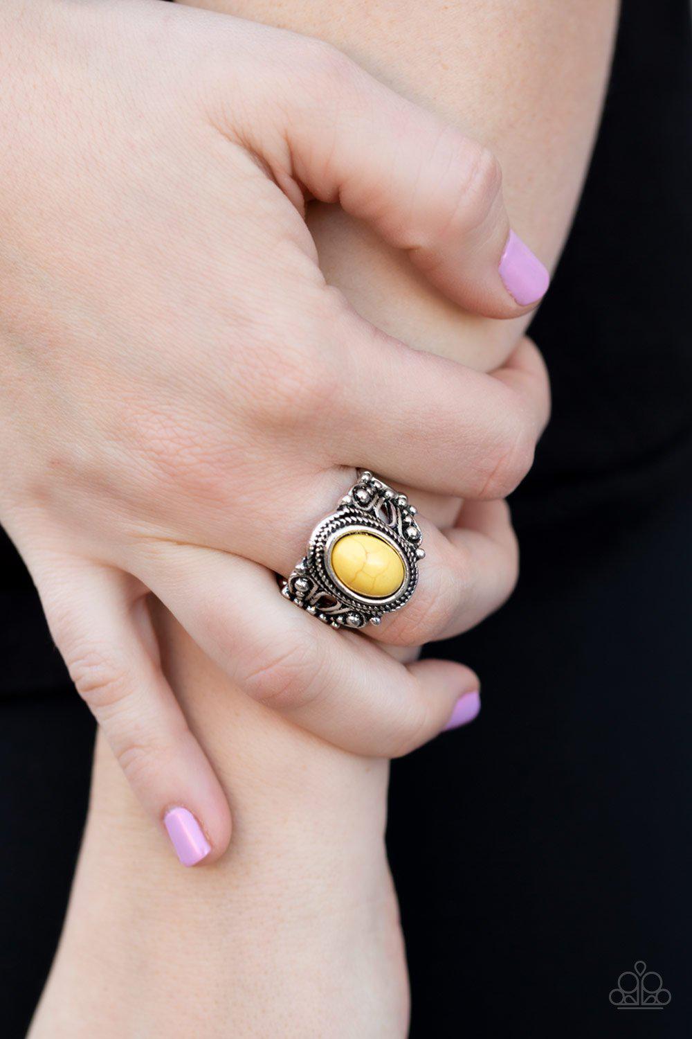 Coyote Canyon Yellow Stone Ring - Paparazzi Accessories- on model - CarasShop.com - Paparazzi Jewelry by Cara Jewels
