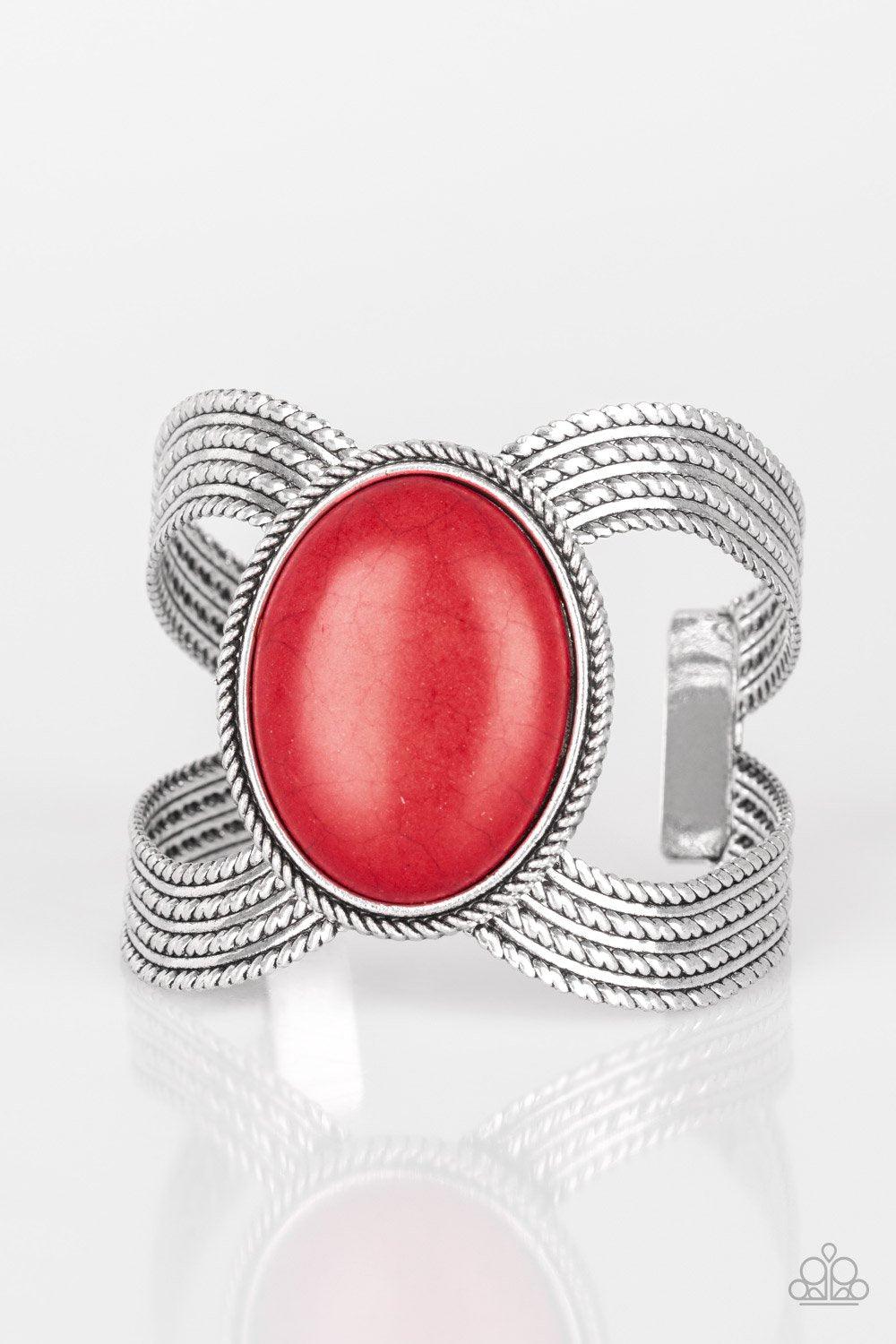Coyote Couture Red Stone and Silver Cuff Bracelet - Paparazzi Accessories- lightbox - CarasShop.com - Paparazzi Jewelry by Cara Jewels