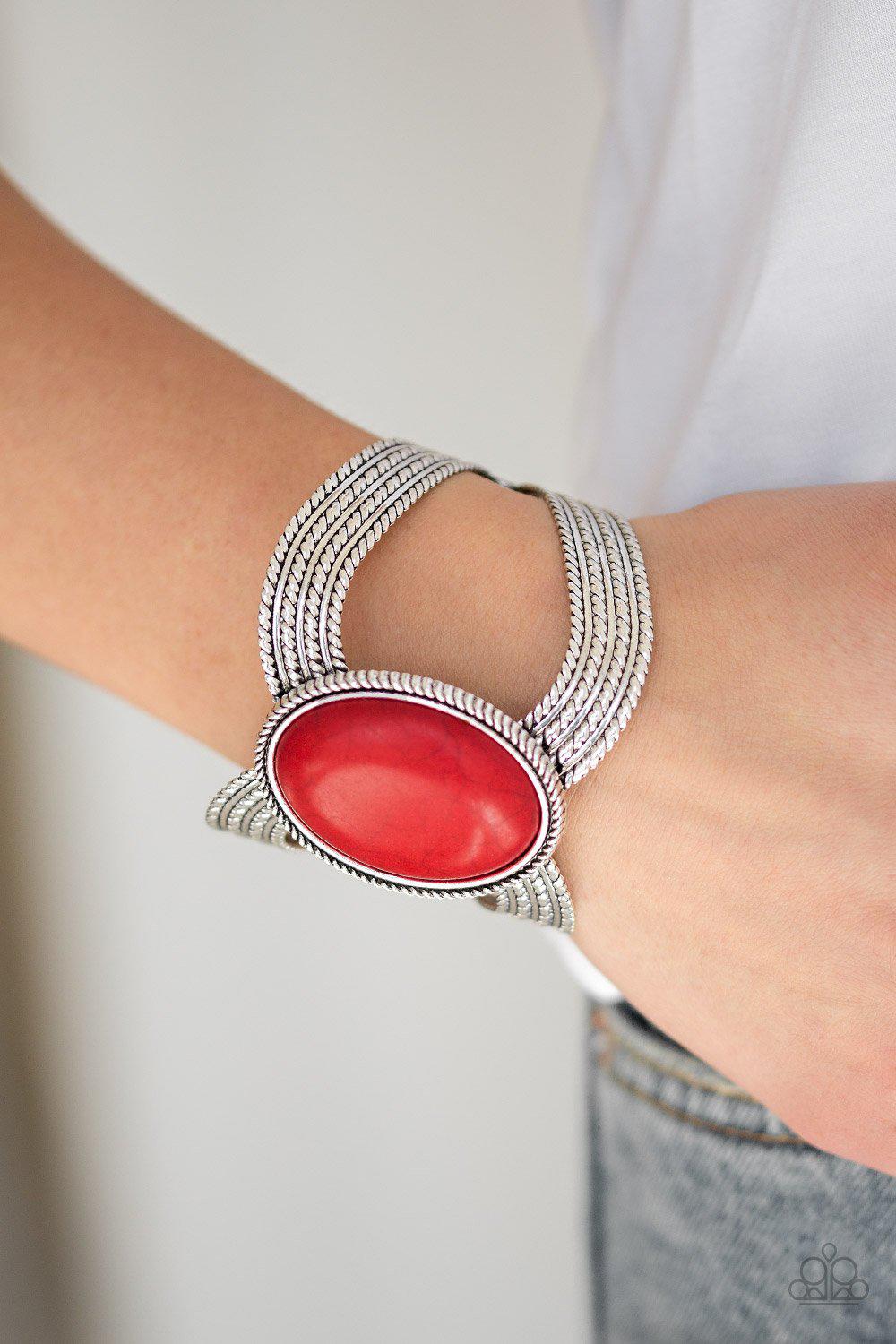 Coyote Couture Red Stone and Silver Cuff Bracelet - Paparazzi Accessories- on model - CarasShop.com - Paparazzi Jewelry by Cara Jewels