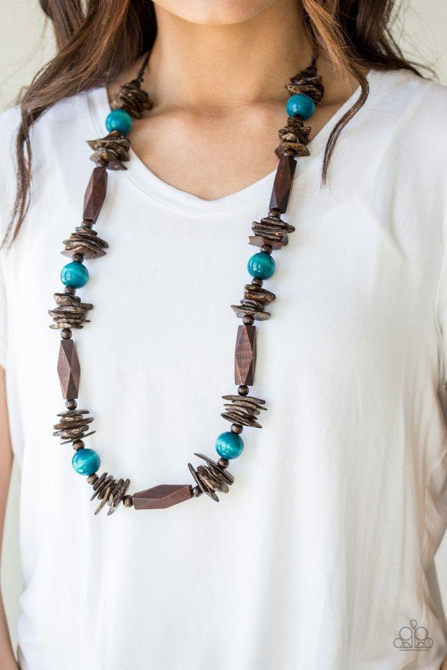 Cozumel Coast Blue and Brown Wood Necklace - Paparazzi Accessories- on model - CarasShop.com - Paparazzi Jewelry by Cara Jewels