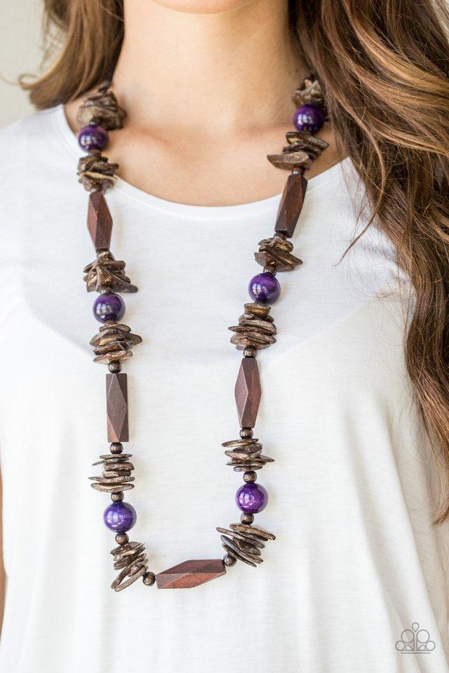 Cozumel Coast Purple and Brown Wood Necklace - Paparazzi Accessories- on model - CarasShop.com - Paparazzi Jewelry by Cara Jewels