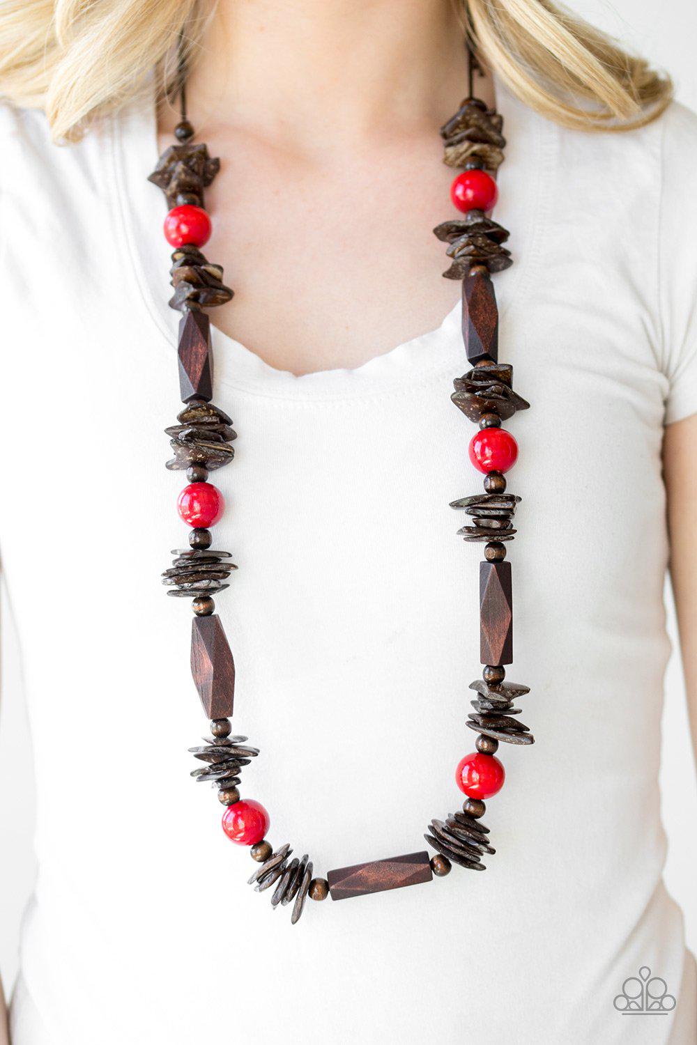 Cozumel Coast Red and Brown Wood Necklace - Paparazzi Accessories- on model - CarasShop.com - Paparazzi Jewelry by Cara Jewels