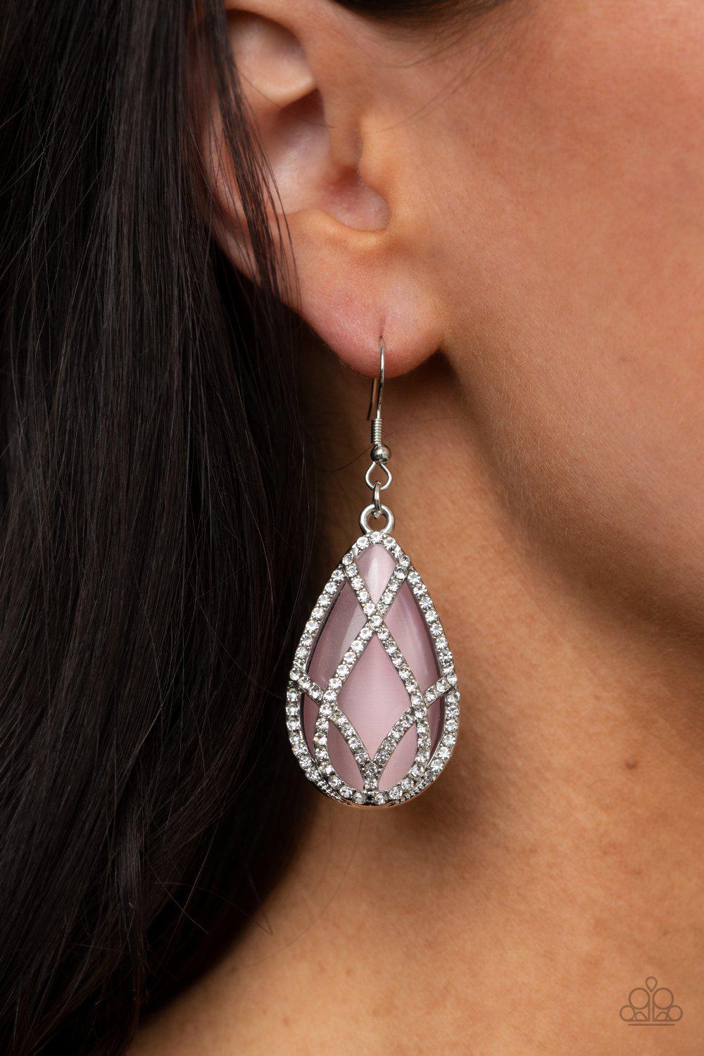 Crawling With Couture Pink Cat's Eye and Rhinestone Earrings - Paparazzi Accessories- on model - CarasShop.com - Paparazzi Jewelry by Cara Jewels