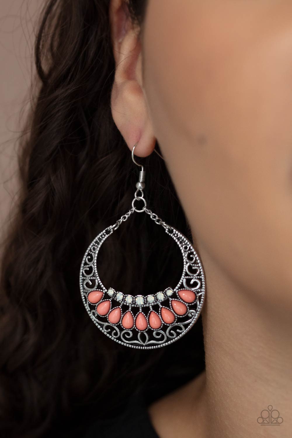 Crescent Couture Burnt Coral Earrings - Paparazzi Accessories- on model - CarasShop.com - Paparazzi Jewelry by Cara Jewels