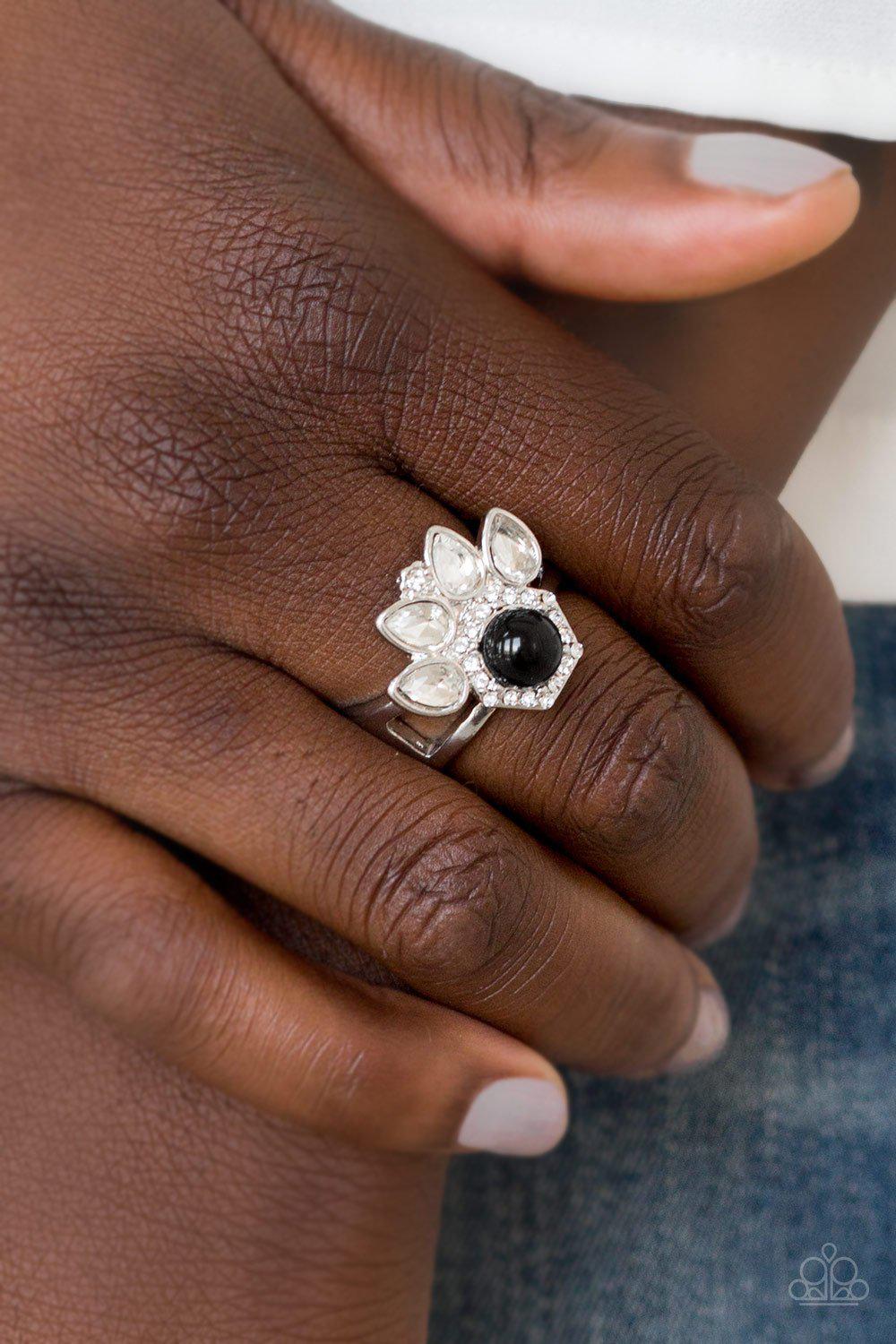 Crown Coronation White Rhinestone and Black Pearl Ring - Paparazzi Accessories- on model - CarasShop.com - Paparazzi Jewelry by Cara Jewels