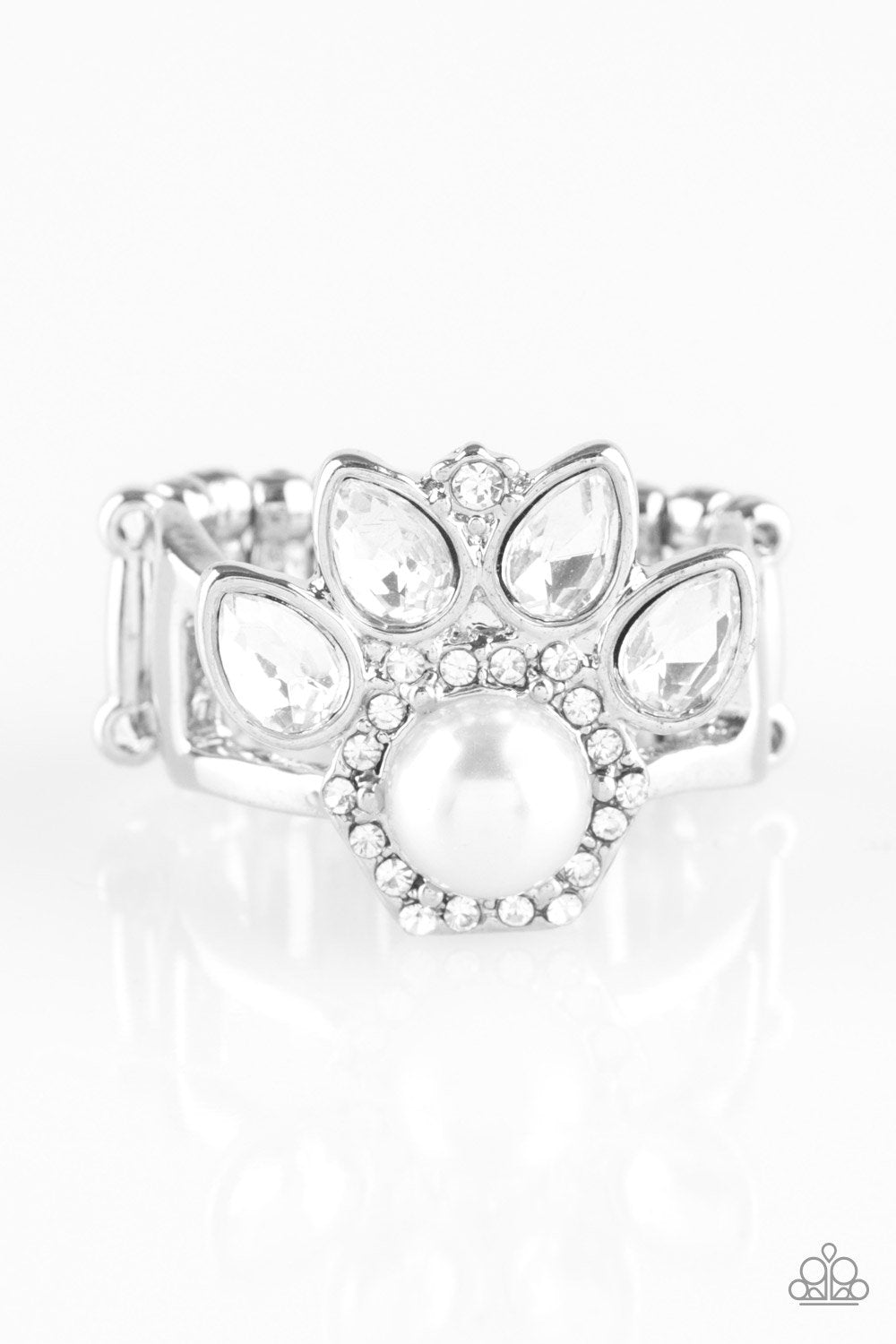 Crown Coronation White Rhinestone and Pearl Ring - Paparazzi Accessories- lightbox - CarasShop.com - Paparazzi Jewelry by Cara Jewels