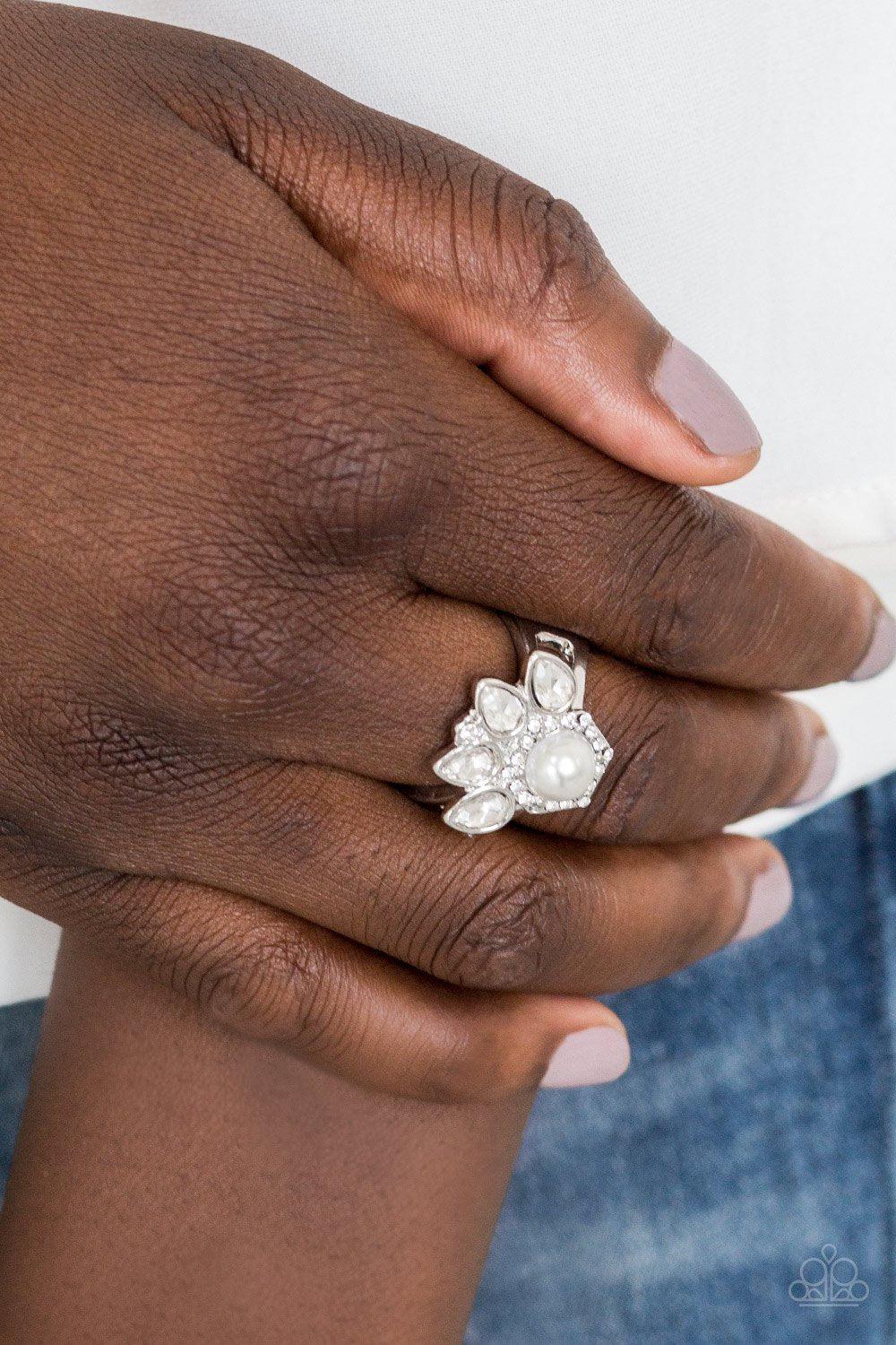 Crown Coronation White Rhinestone and Pearl Ring - Paparazzi Accessories- lightbox - CarasShop.com - Paparazzi Jewelry by Cara Jewels