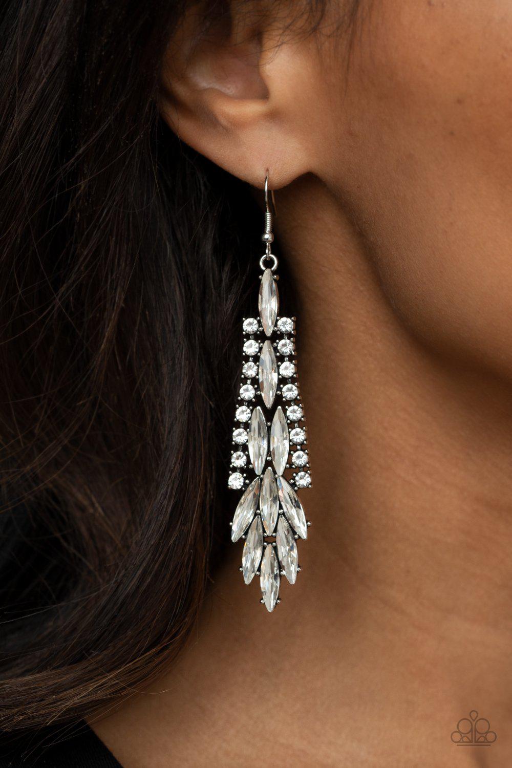 Crown Heiress White Rhinestone Earrings - Paparazzi Accessories- on model - CarasShop.com - Paparazzi Jewelry by Cara Jewels