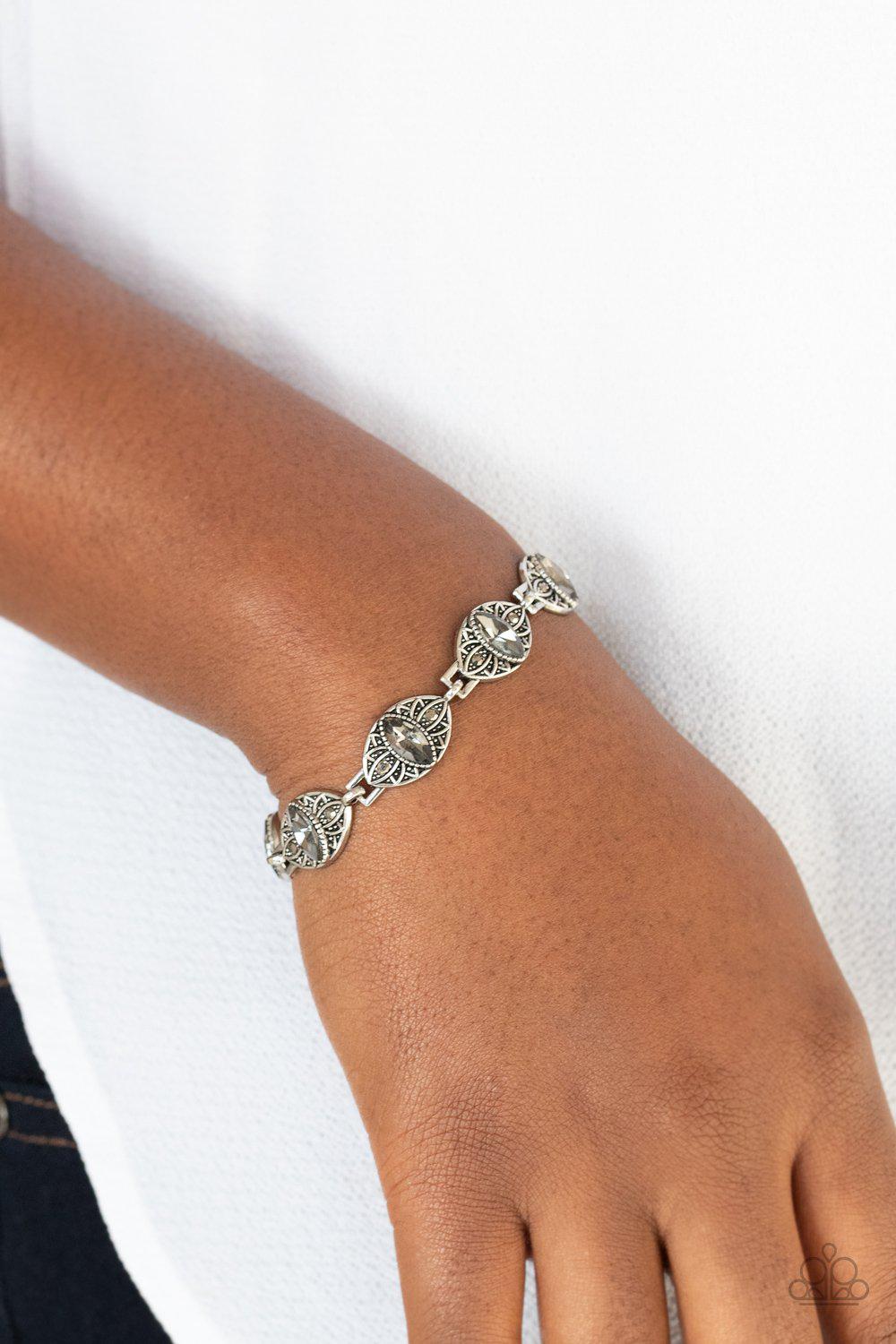 Crown Privilege Silver and Hematite Rhinestone Bracelet - Paparazzi Accessories- on model - CarasShop.com - Paparazzi Jewelry by Cara Jewels