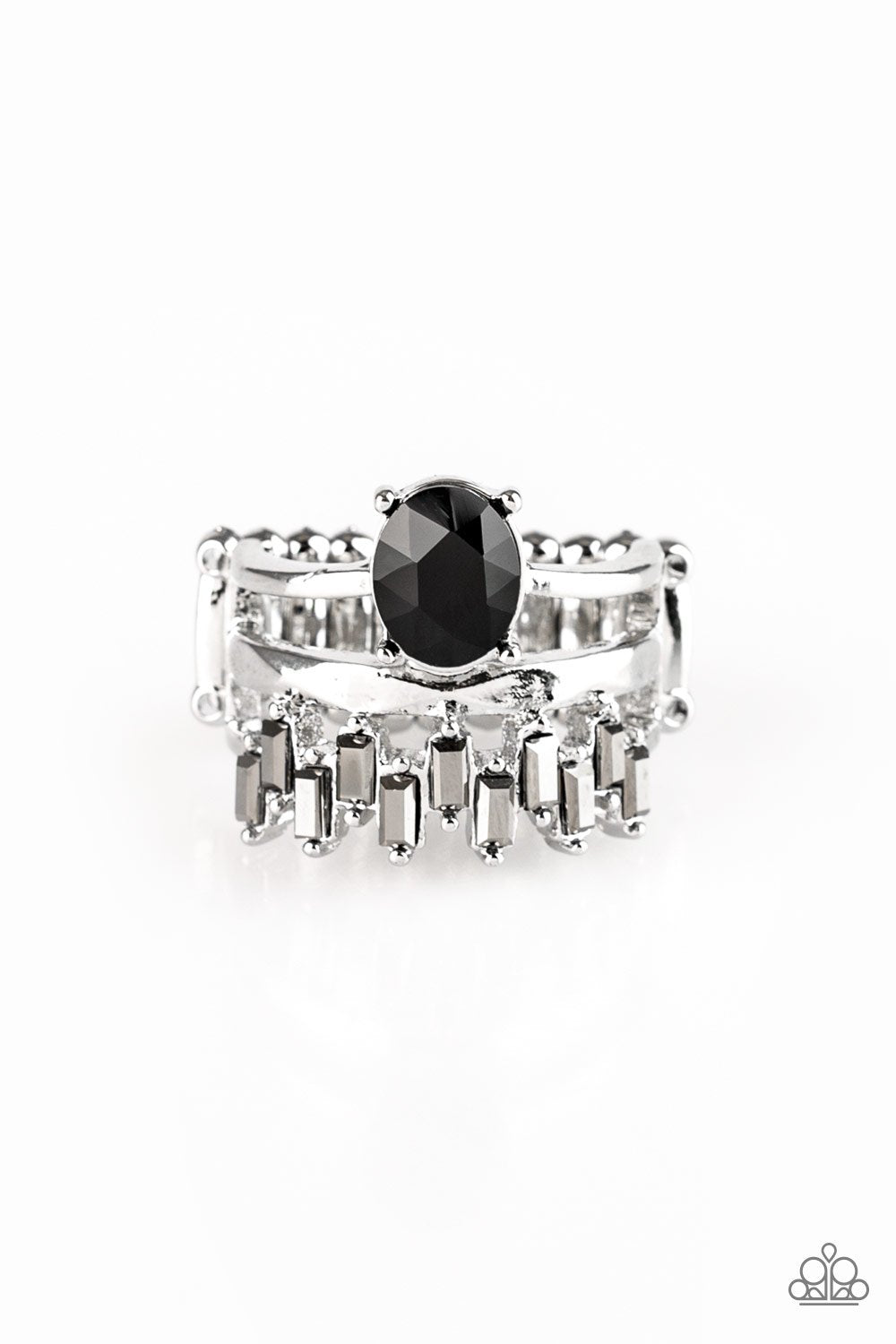 Crowned Victor Silver and Black Gem Ring - Paparazzi Accessories- lightbox - CarasShop.com - Paparazzi Jewelry by Cara Jewels