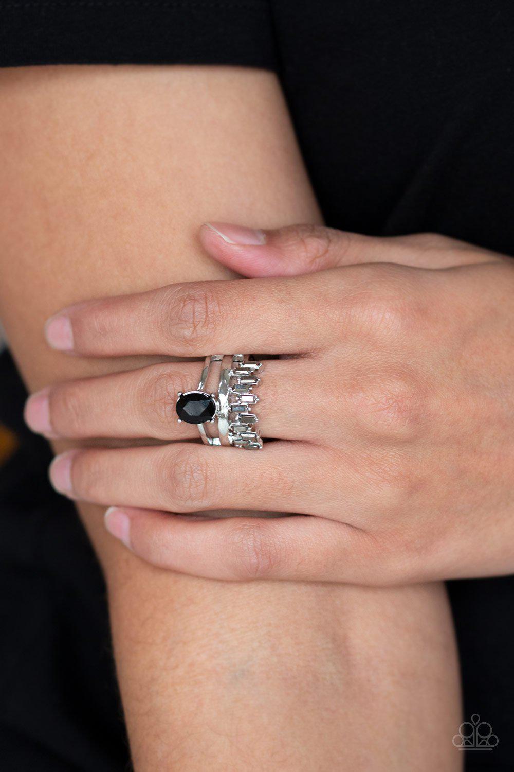 Crowned Victor Silver and Black Gem Ring - Paparazzi Accessories- on model - CarasShop.com - Paparazzi Jewelry by Cara Jewels