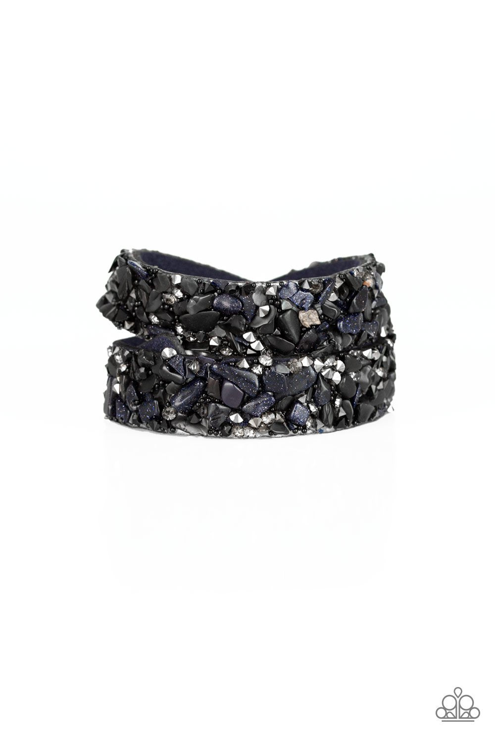 Crush Hour Blue Suede and Stone Double Wrap Snap Bracelet - Paparazzi Accessories- lightbox - CarasShop.com - Paparazzi Jewelry by Cara Jewels