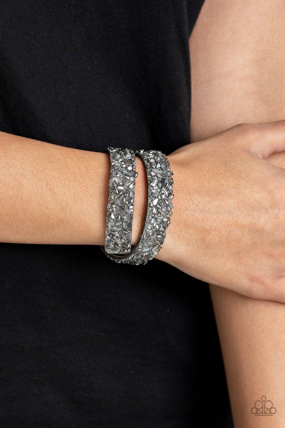 Crush to Conclusions Silver Crushed Stone Urban Double-wrap Snap Bracelet - Paparazzi Accessories- on model - CarasShop.com - Paparazzi Jewelry by Cara Jewels