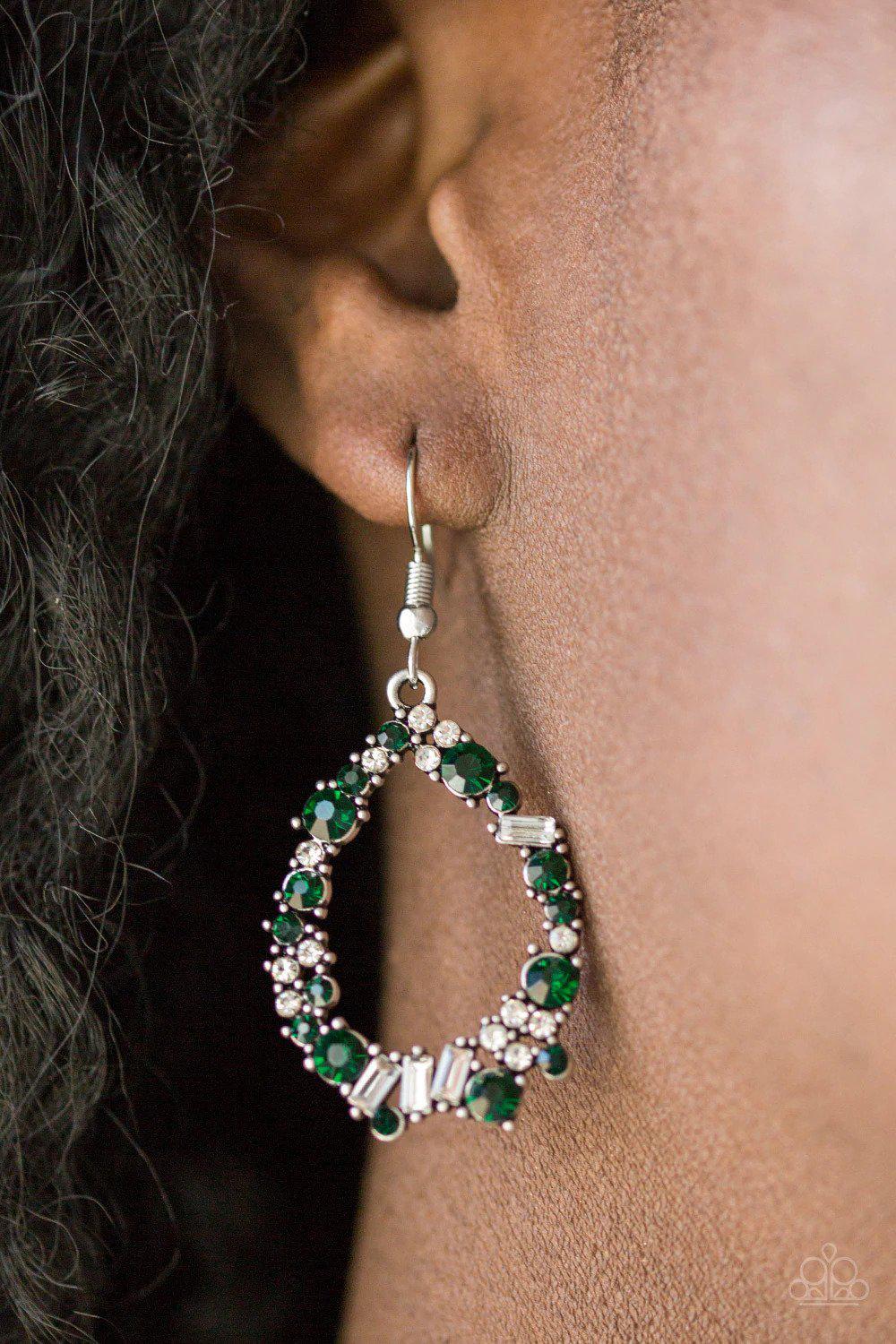 Crushing Couture Green Earrings - Paparazzi Accessories- on model - CarasShop.com - Paparazzi Jewelry by Cara Jewels