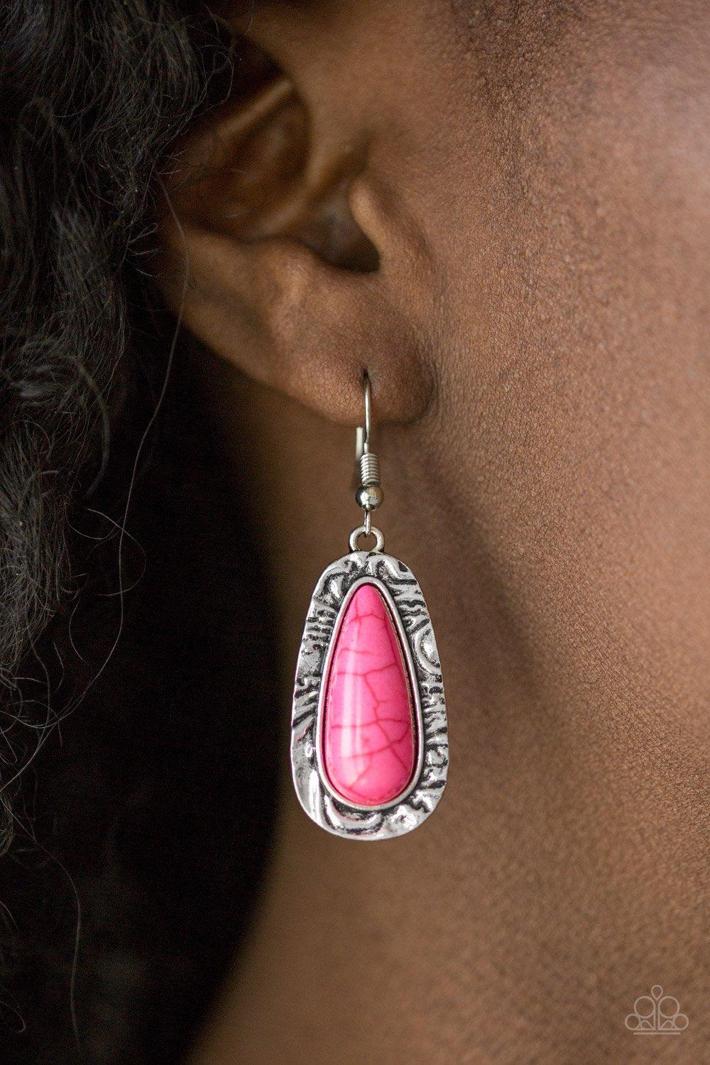 Cruzin' Colorado Pink Stone Earrings - Paparazzi Accessories- on model - CarasShop.com - Paparazzi Jewelry by Cara Jewels