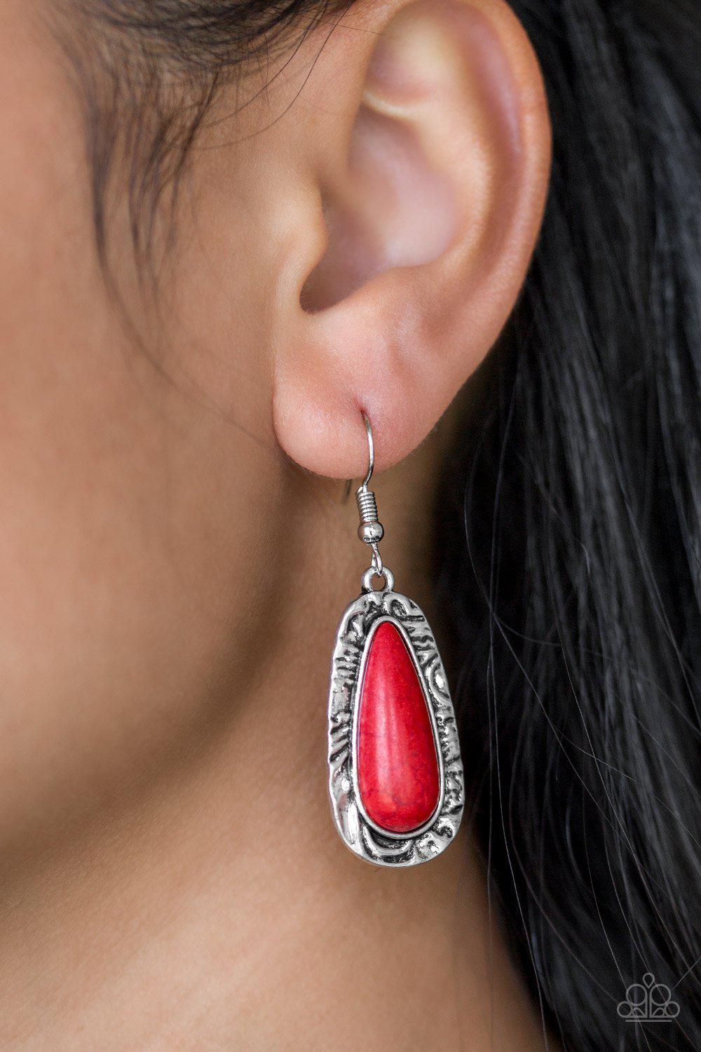 Cruzin' Colorado Red Stone Earrings - Paparazzi Accessories- on model - CarasShop.com - Paparazzi Jewelry by Cara Jewels