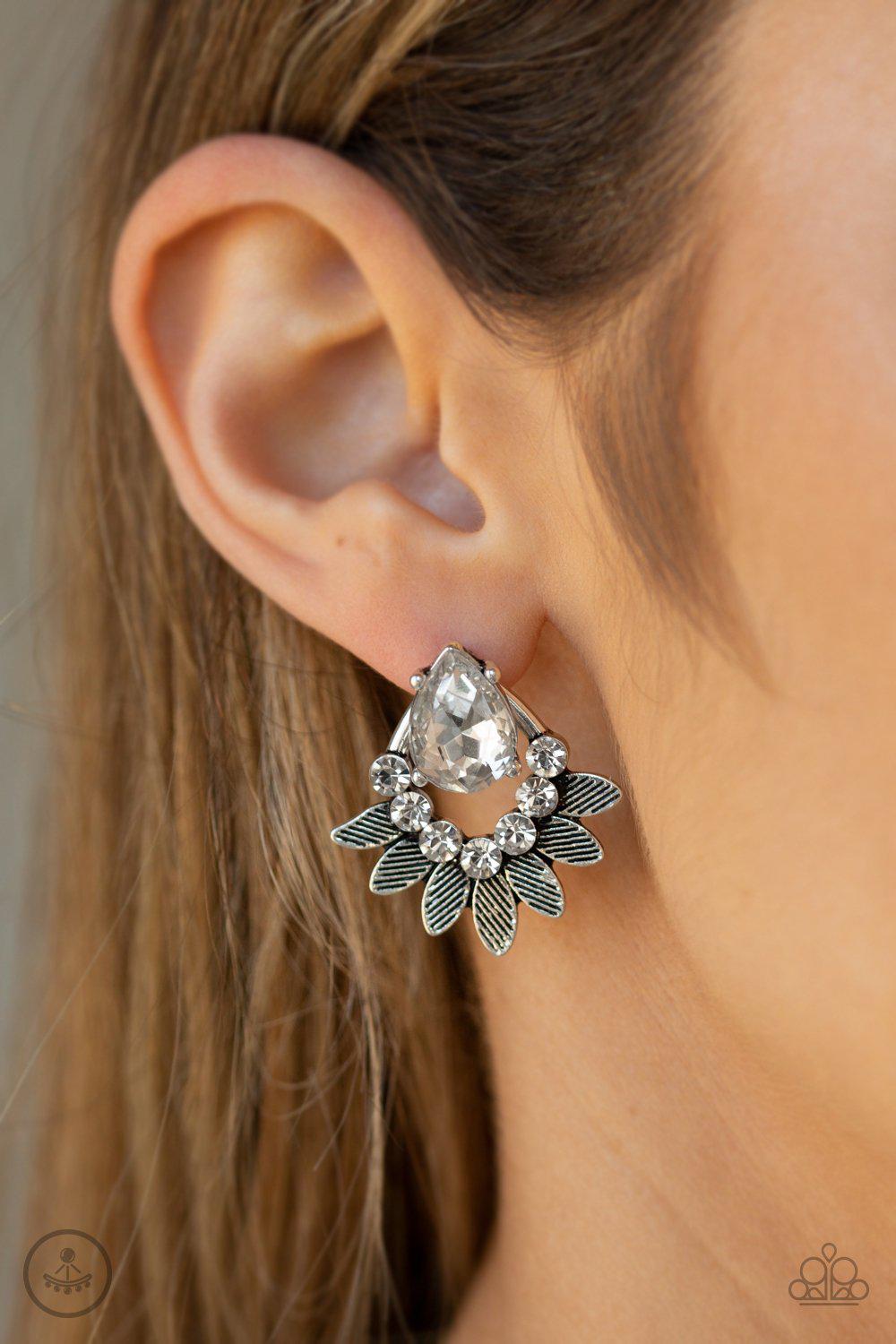 Crystal Canopy White Rhinestone double-sided Post Earrings - Paparazzi Accessories- on model - CarasShop.com - Paparazzi Jewelry by Cara Jewels