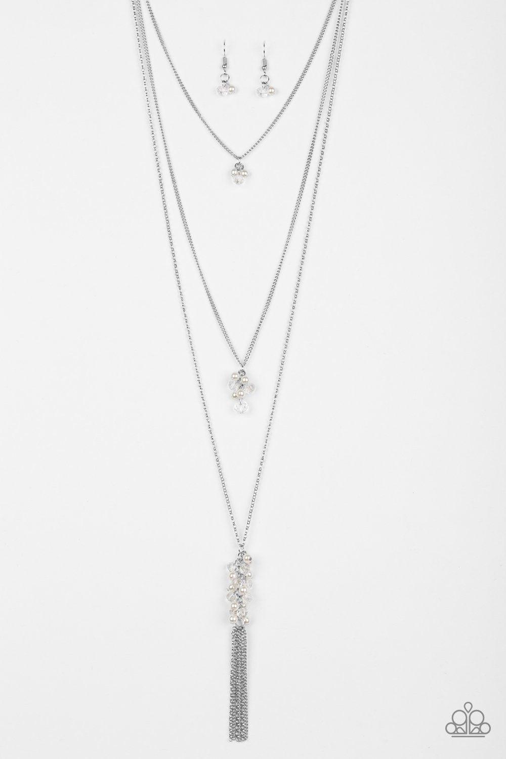 Crystal Cruiser Long Silver and White Tassel Necklace - Paparazzi Accessories- lightbox - CarasShop.com - Paparazzi Jewelry by Cara Jewels