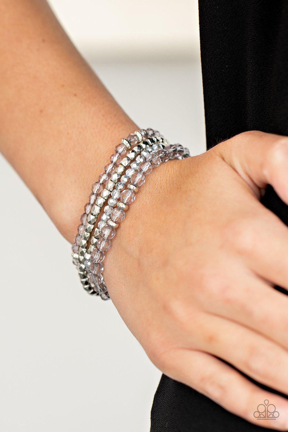 Crystal Crush Silver Stretch Bracelet Set - Paparazzi Accessories- on model - CarasShop.com - Paparazzi Jewelry by Cara Jewels