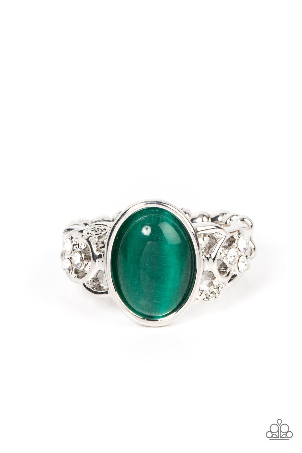 Crystals and Cats Eye Green Stone Ring - Paparazzi Accessories- lightbox - CarasShop.com - Paparazzi Jewelry by Cara Jewels
