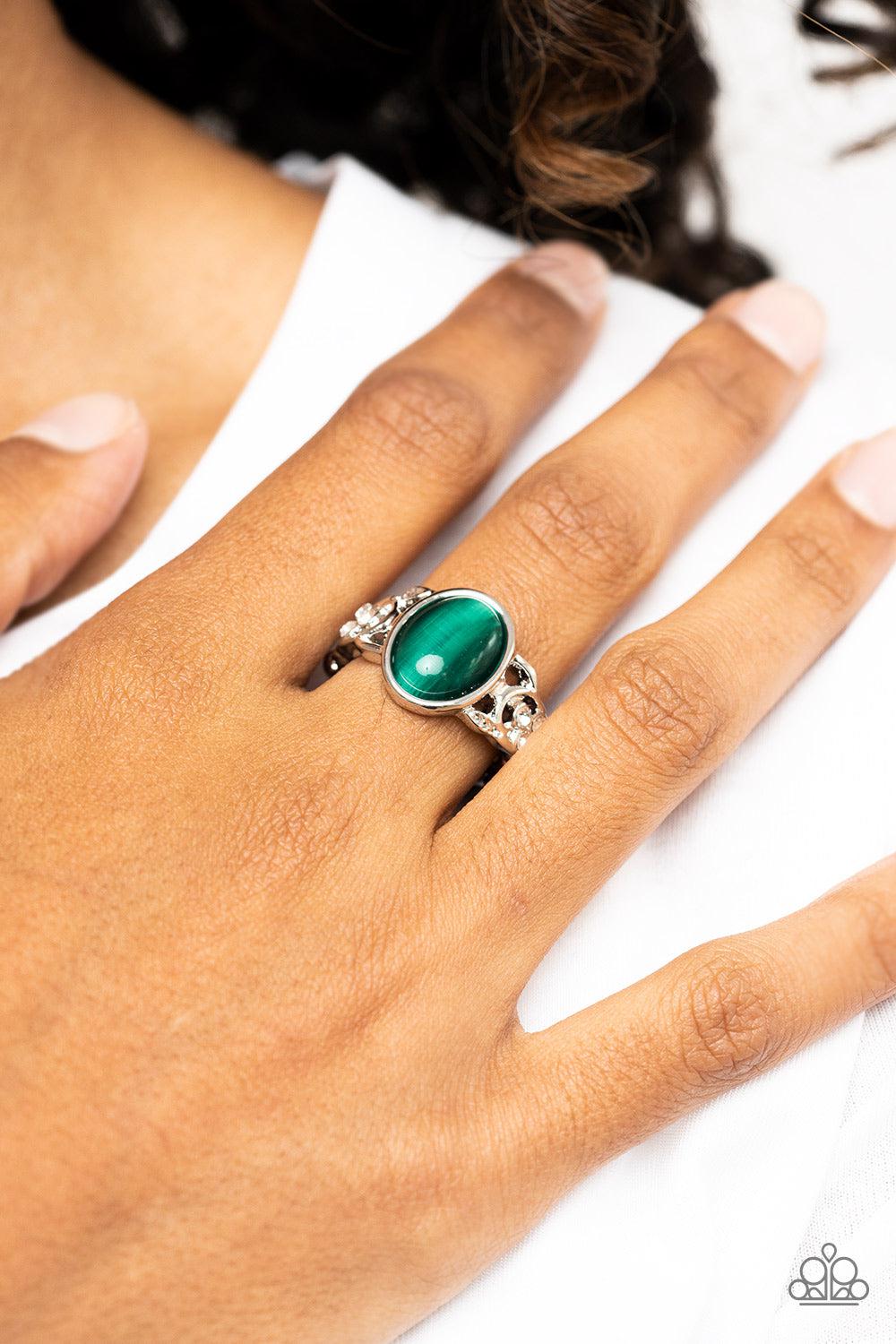Crystals and Cats Eye Green Stone Ring - Paparazzi Accessories- on model - CarasShop.com - Paparazzi Jewelry by Cara Jewels