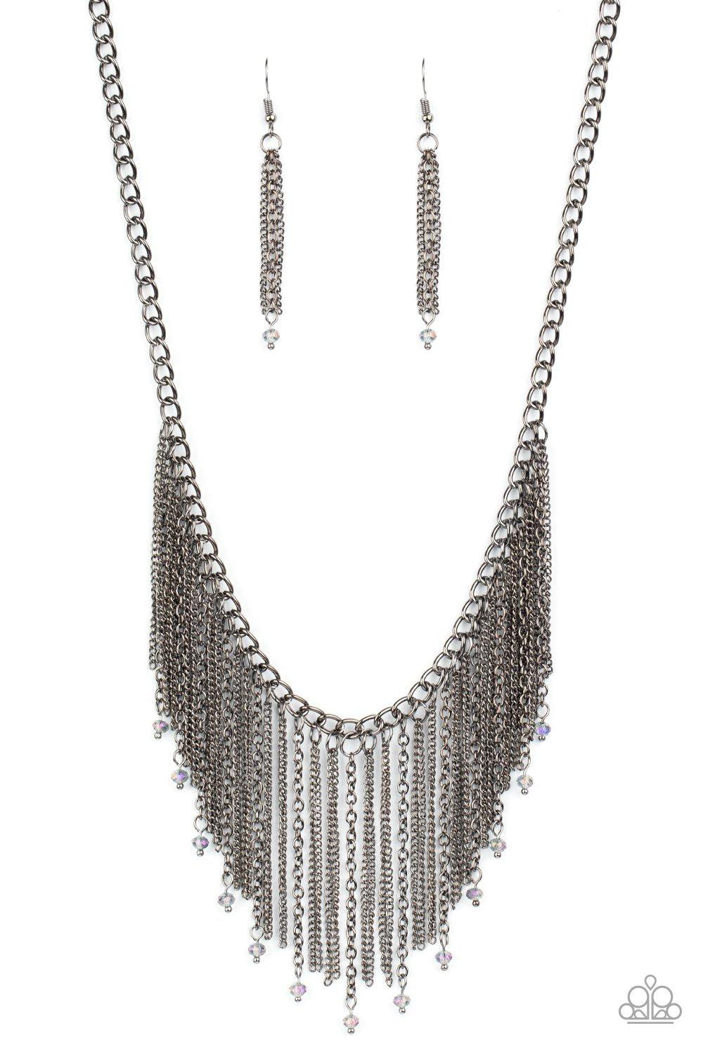 Cue The Fireworks Multi Oil Spill Crystal and Gunmetal Black Fringe Necklace - Paparazzi Accessories- lightbox - CarasShop.com - Paparazzi Jewelry by Cara Jewels