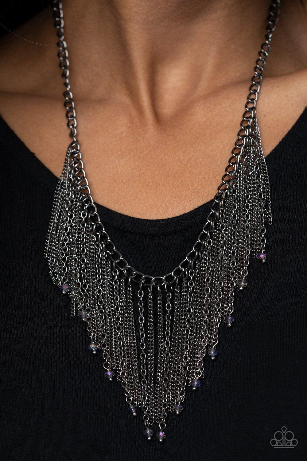 Cue The Fireworks Multi Oil Spill Crystal and Gunmetal Black Fringe Necklace - Paparazzi Accessories- on model - CarasShop.com - Paparazzi Jewelry by Cara Jewels