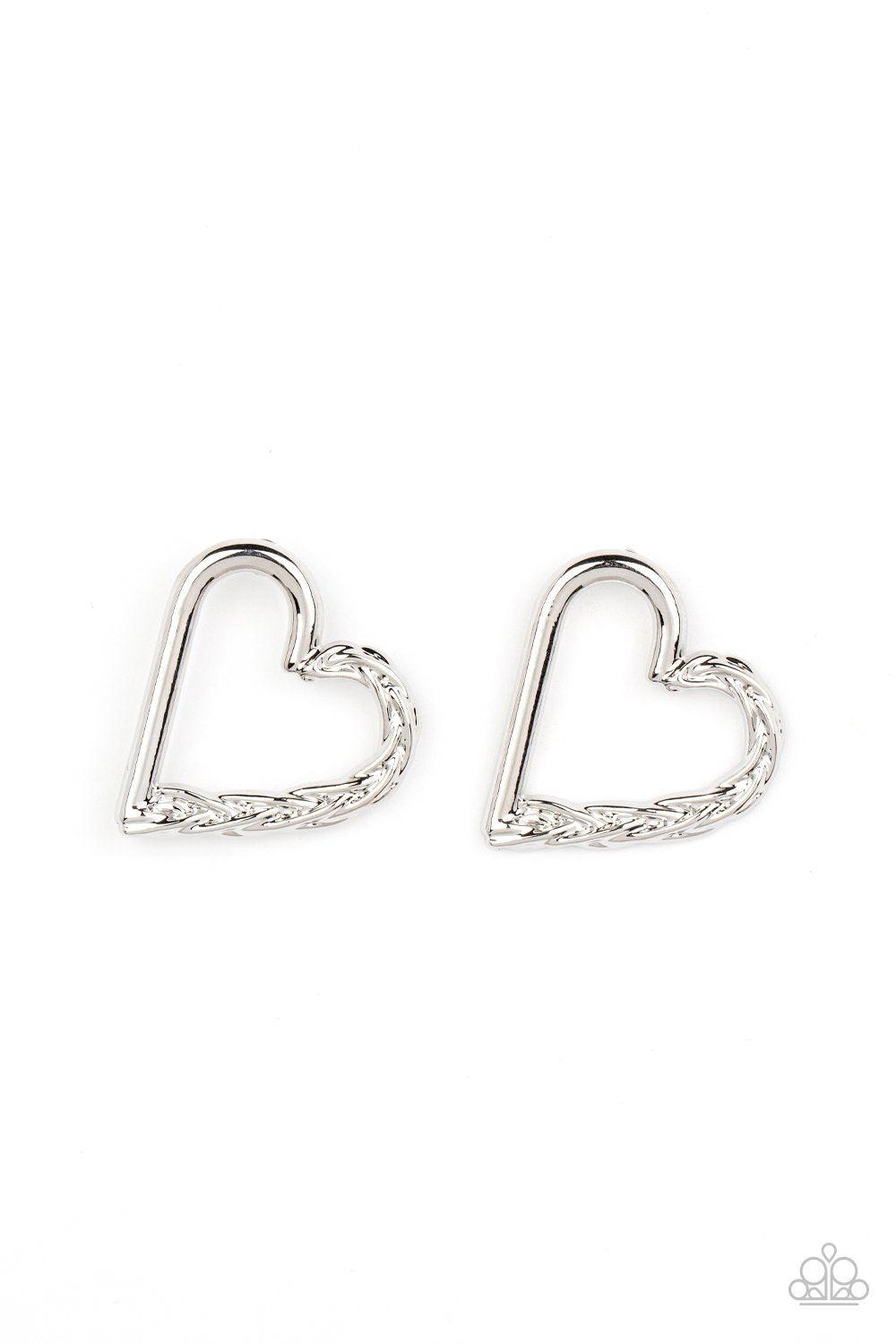 Cupid, Who? Silver Heart Earrings - Paparazzi Accessories- lightbox - CarasShop.com - Paparazzi Jewelry by Cara Jewels