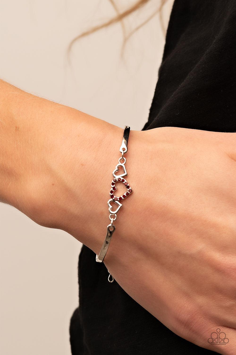 Cupids Confessions Red Rhinestone Heart Bracelet - Paparazzi Accessories- lightbox - CarasShop.com - Paparazzi Jewelry by Cara Jewels