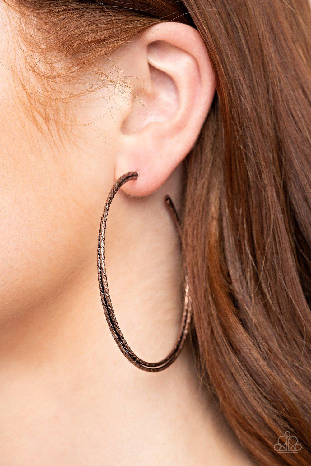 Curved Couture Copper Hoop Earrings - Paparazzi Accessories- on model - CarasShop.com - Paparazzi Jewelry by Cara Jewels