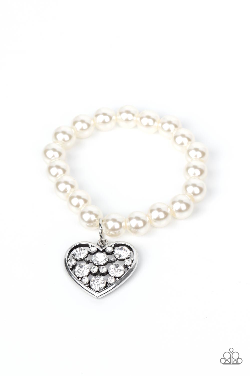 Cutely Crushing White Pearl and Rhinestone Heart Bracelet - Paparazzi Accessories- lightbox - CarasShop.com - Paparazzi Jewelry by Cara Jewels