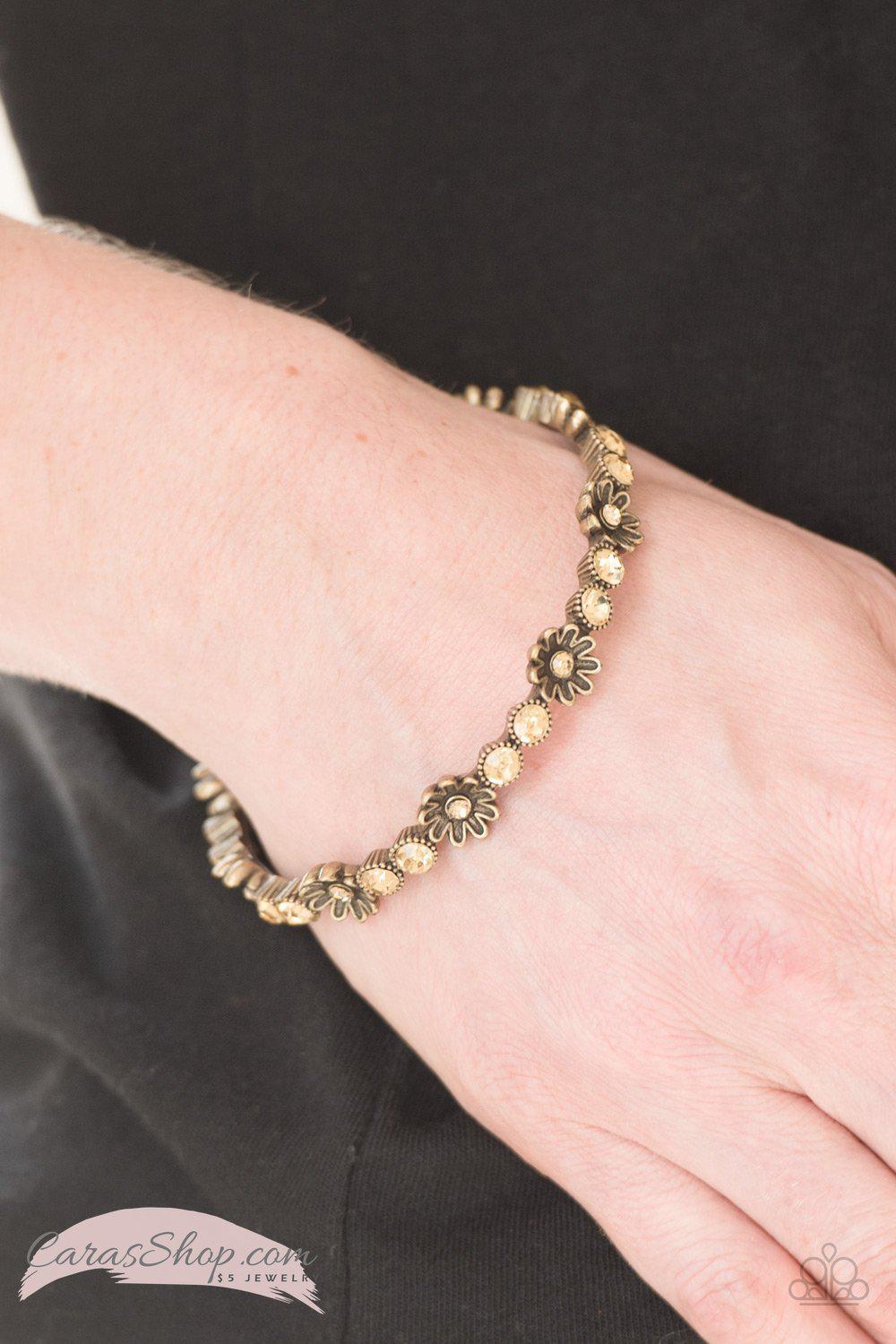 Daffodil Diva Brass Flower Bangle Bracelet - Paparazzi Accessories- on model - CarasShop.com - Paparazzi Jewelry by Cara Jewels