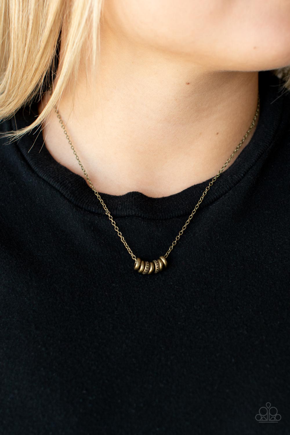 Dainty Dalliance Brass Necklace - Paparazzi Accessories- on model - CarasShop.com - Paparazzi Jewelry by Cara Jewels