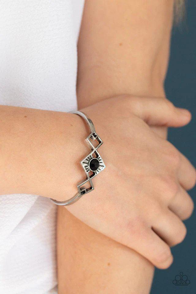 Dainty Deco Black Cuff Bracelet - Paparazzi Accessories- on model - CarasShop.com - Paparazzi Jewelry by Cara Jewels