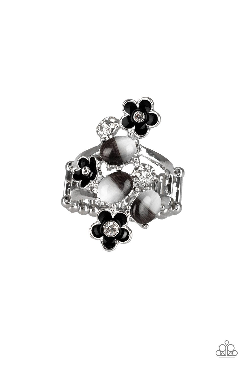 Daisy Delight Black and White Moonstone Flower Ring - Paparazzi Accessories- lightbox - CarasShop.com - Paparazzi Jewelry by Cara Jewels