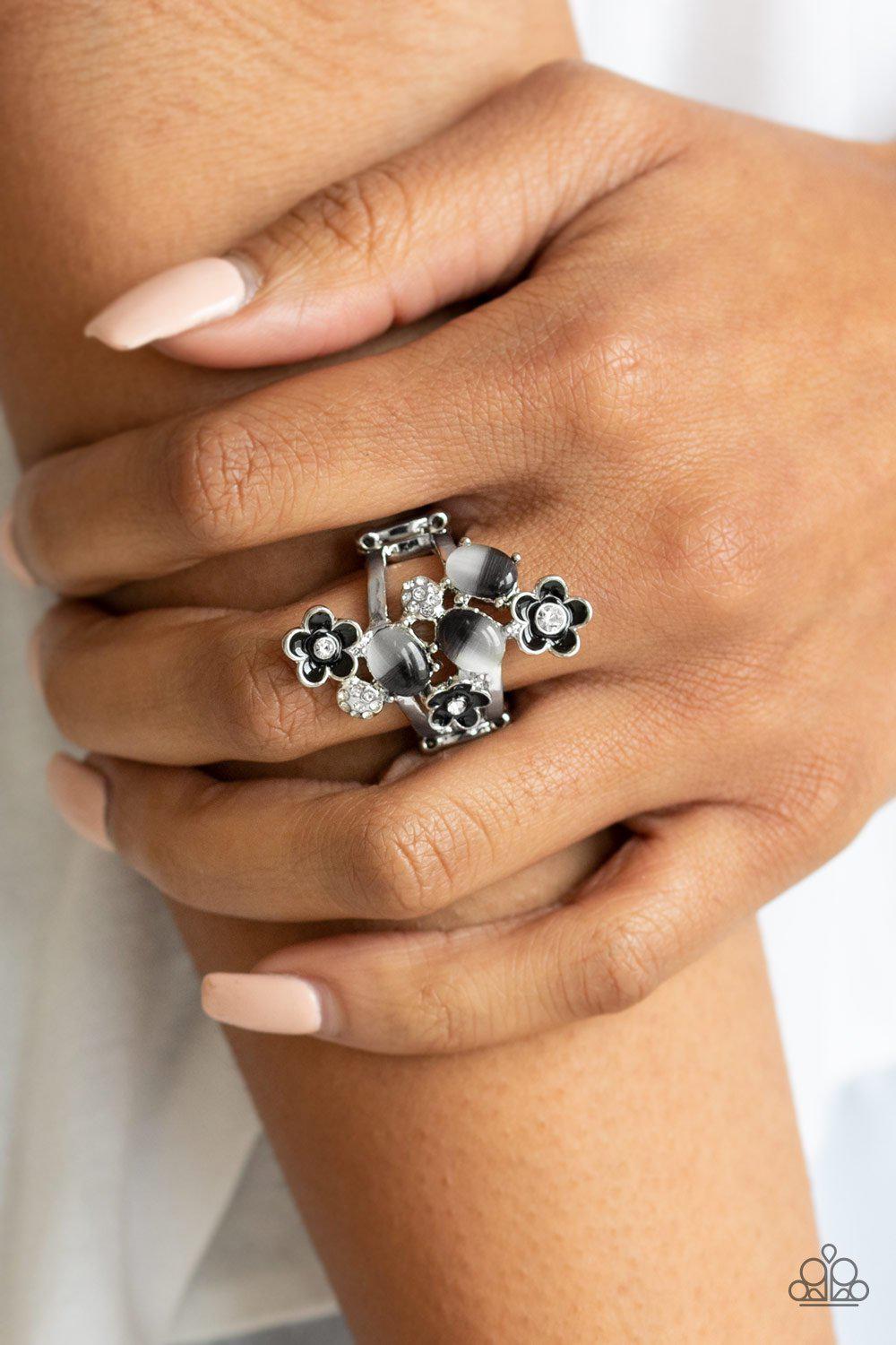 Daisy Delight Black and White Moonstone Flower Ring - Paparazzi Accessories- on model - CarasShop.com - Paparazzi Jewelry by Cara Jewels