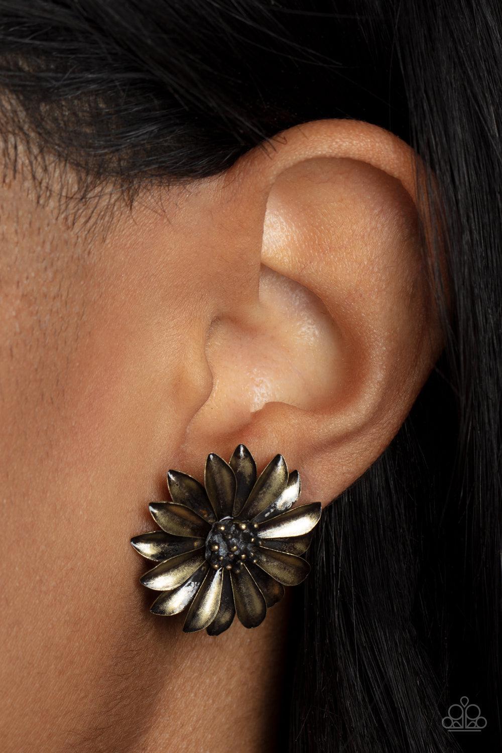 Daisy Dilemma Brass Earrings - Paparazzi Accessories- on model - CarasShop.com - Paparazzi Jewelry by Cara Jewels
