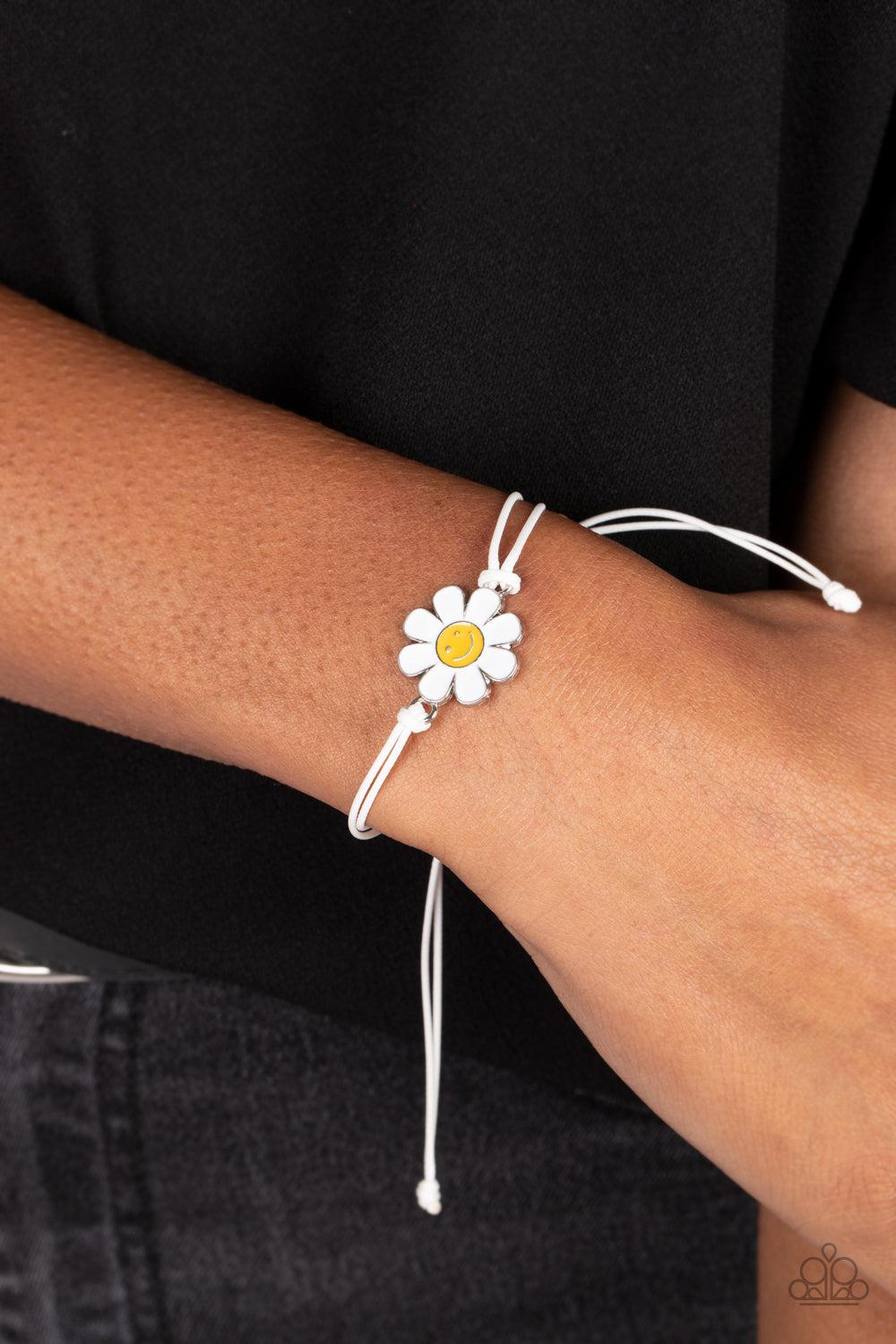 DAISY Little Thing White Bracelet - Paparazzi Accessories- on model - CarasShop.com - Paparazzi Jewelry by Cara Jewels