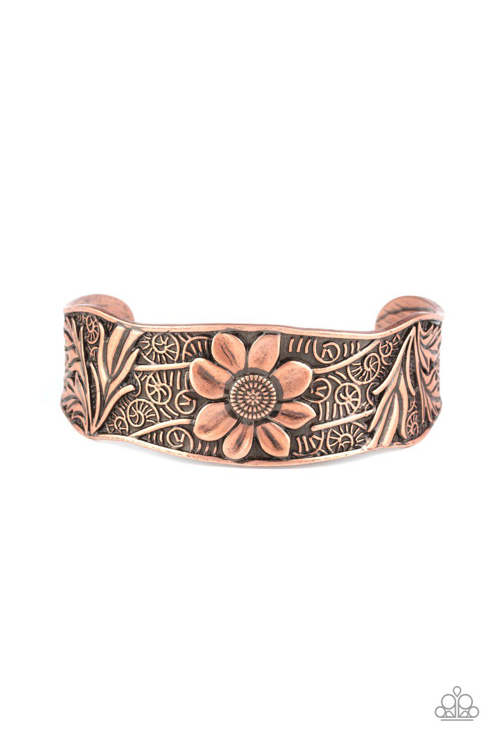 Daisy Paradise Copper Flower Cuff Bracelet - Paparazzi Accessories- on model - CarasShop.com - Paparazzi Jewelry by Cara Jewels